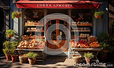 The inviting storefront of Carnets and Tomatoes Grocery Store beckons shoppers with its bountiful selection of vibrant fruits and Stock Photo