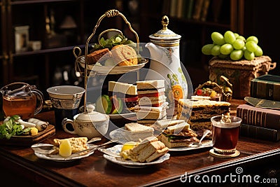 An inviting table filled with a variety of delicious food plates and steaming cups of tea, Classic English afternoon tea with Stock Photo