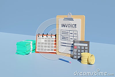 Invoice concept with clipboard money and schedule calendar payment . 3d illustration rendering Cartoon Illustration