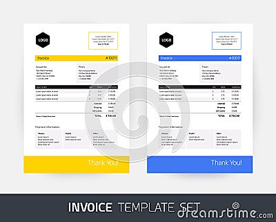 Invoice design template for business / company in yellow and blu Vector Illustration