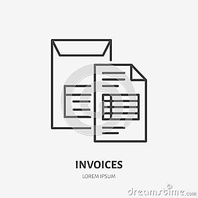Invoice flat line icon. Document delivery in envelope sign. Thin linear logo for legal financial services, accountancy Vector Illustration