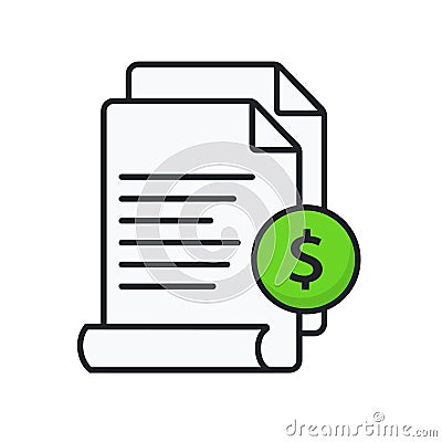 Invoice icon. Bill paid symbol. Payment and bill invoice. Tax form outline icon. Paper document with money sign. Vector Vector Illustration