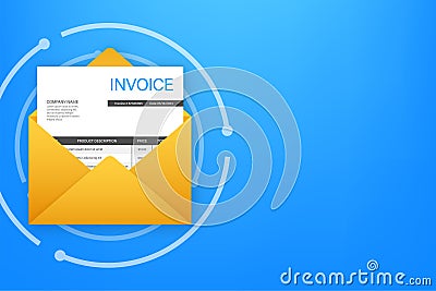 Invoice icon vector. Email message received with bill document, flat style open envelope with invoice paper blank. Vector Illustration