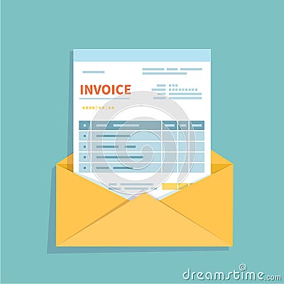 Invoice in an open envelope. Unfilled, minimalistic form of the document. Payment and invoicing, business or financial operations Vector Illustration