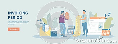 Invoice payment by billing calendar. Man calculate bill, receipt and pay money. Vector Illustration