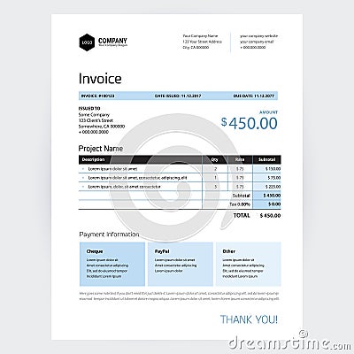 Invoice template business minimal design - blue color vector Vector Illustration