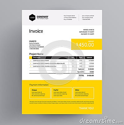 Invoice template design - yellow color - us letter Vector Illustration