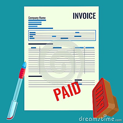 Invoice vector bill with red paid stamp close-up realistic illustration. Vector Illustration