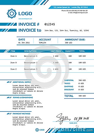 Invoice vector template design layout Vector Illustration