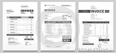 Invoices templates. Price receipt, payment agreement and invoice bill template vector set Vector Illustration