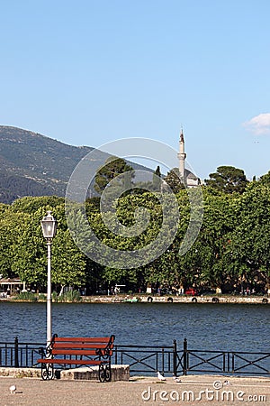 Ioannina lake and mosque Greece Stock Photo