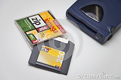 Iomega Zip 250 Drive, Disk and Jewel Case Editorial Stock Photo