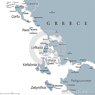 Ionian Islands Region of Greece, Greek island group, gray political map Vector Illustration