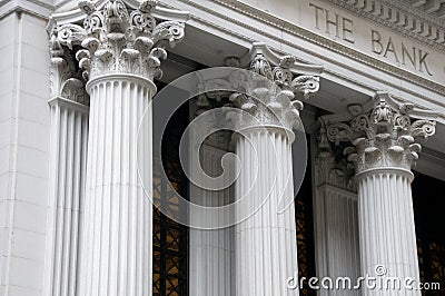 Ionic columns of a bank building Stock Photo