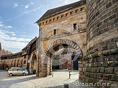 Ionic mediaeval city wall gate Spittlertor in Nuremberg Editorial Stock Photo