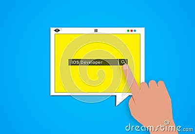 IOS Developer Search. Searching and hiring an app Developer Concept. Design Made of Yellow speech bubble Screen on blue background Cartoon Illustration