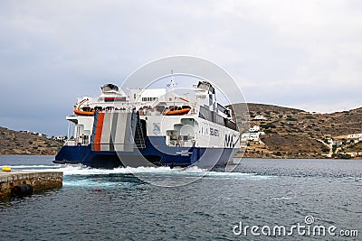 WorldChampion Jet Seajets, one of the fastest high-speed ferries leaving harbor of Ios Island, Editorial Stock Photo