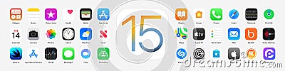 IOS 15 icons Apple inc: Apple Store, Apple ID, Swift UI, CardPointers, Widgets, SharePlay, Podcasts, iTunes, iBooks, Apple TV, Vector Illustration