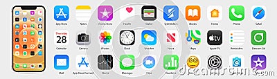 IOS 14,5 icons Apple inc: Apple Store, Apple TV, iTunes, Podcasts, iMovie, iBooks, Apple TV, FaceTime, SplitMetrics, News, Clock, Vector Illustration