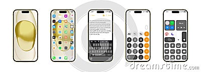 IOS 16 icons on Apple iPhone 15 screen. Apple interface. Popular apps. Apple ID, Swift UI, Apple Store, Widgets, Podcasts, iTunes Vector Illustration