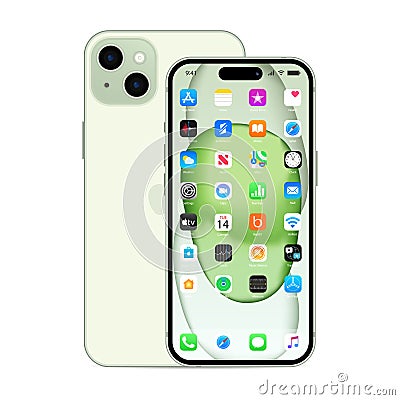 IOS 16 icons on Apple iPhone 15 screen. Apple interface. Popular apps. Apple ID, Swift UI, Apple Store, Widgets, Podcasts, iTunes Vector Illustration