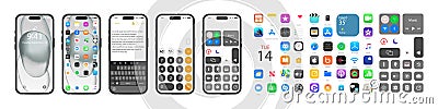 IOS 16 icons on Apple iPhone 15 screen. Apple interface. Popular apps. Apple ID, Swift UI, Apple Store, Widgets, Podcasts, iTunes Vector Illustration