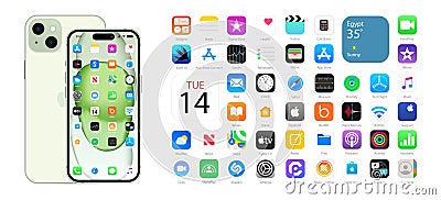 IOS 16 icons on Apple iPhone 15 screen. Apple interface. Popular apps. Apple ID, Swift UI, Apple Store, Widgets, Podcasts, iTunes Vector Illustration