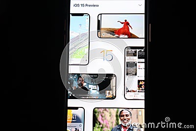 iOS 15 on-screen web, new operating system 2021 on Apple devices Editorial Stock Photo
