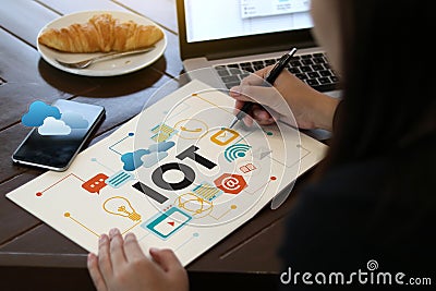 IOT business man hand working and internet of things (IoT) word Stock Photo