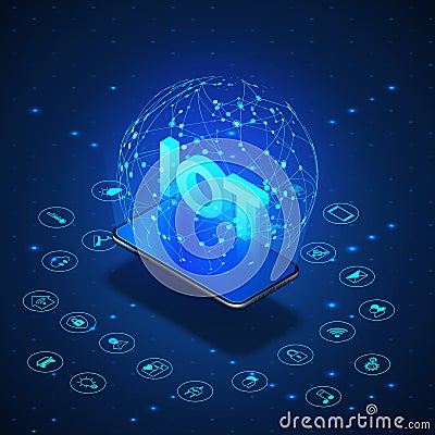 IOT concept. Internet of Things. Mobile phone monitoring and controls all smart system in house in blue color. Global network Vector Illustration