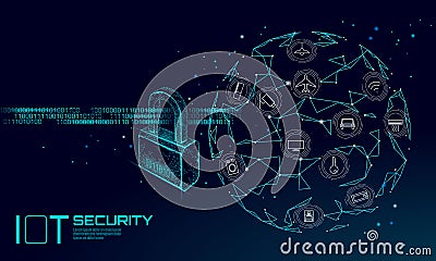 IOT cyber security padlock concept. Personal data safety Internet of Things smart home cyber attack. Hacker attack Vector Illustration
