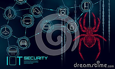 IOT cybersecurity spider concept. Personal data safety Internet of Things smart home cyber attack. Hacker attack danger Vector Illustration