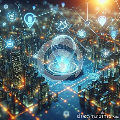 IoT data transmission. Blockchain links. Cyber network pathways. Stock Photo