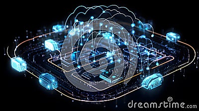 An IoT device communicating with a cloud platform collect seven created with generative AI Stock Photo