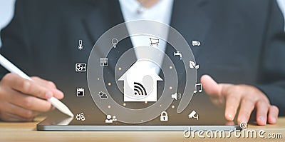 IOT at home concept,technology for using home automation function to looking inside or outside home and property , ai innovation f Stock Photo