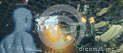 Iot industry 4.0 concept,industrial engineer using software augmented, virtual reality in tablet to monitoring machine in real t Stock Photo