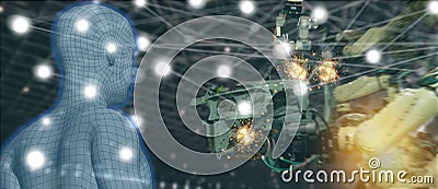 Iot industry 4.0 concept,industrial engineer using software augmented, virtual reality in tablet to monitoring machine in real t Stock Photo