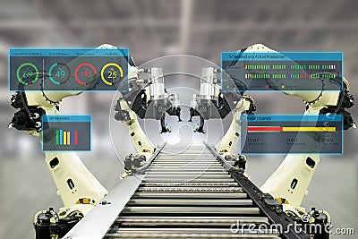 Iot industry 4.0 concept.Smart factory using automation robotic arms with augmented mixed virtual reality technology to show data Stock Photo