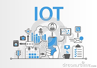 IOT concept with hand holding modern bezel free smart phone Vector Illustration