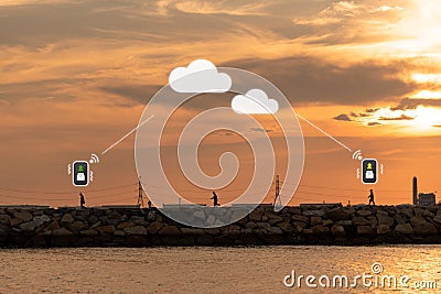 iot mobile application message send to reciever by cloud medium to another destination Stock Photo
