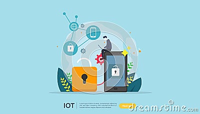 IOT smart house monitoring concept for industrial 4.0. home remote lock technology on smartphone screen app of internet of things Vector Illustration