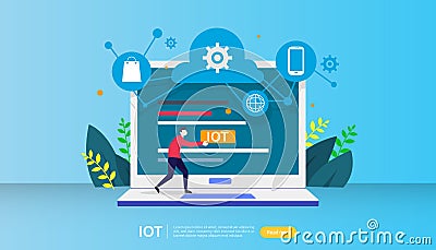 IOT smart house monitoring concept for industrial 4.0 home technology on laptop screen of internet of things connected objects. Vector Illustration