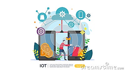 IOT smart house monitoring concept for industrial 4.0 online market on smartphone screen of internet of things connected objects. Vector Illustration