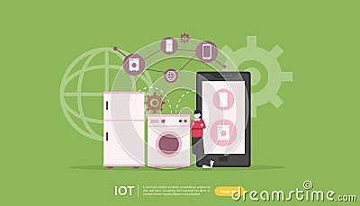 IOT smart house monitoring concept for industrial 4.0. remote appliances technology on smartphone screen app of internet of things Vector Illustration