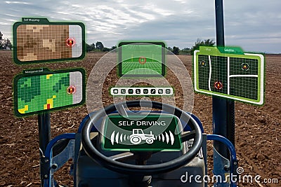 Iot smart industry robot 4.0 agriculture concept,industrial agronomist,farmer using autonomous tractor with self driving technolog Stock Photo