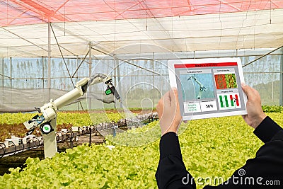 Iot smart industry robot 4.0 agriculture concept,industrial agronomist,farmer using software Artificial intelligence technology in Stock Photo