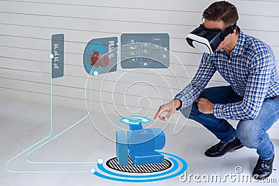 Iot smart technology futuristic in industry 4.0 concept, engineer use augmented mixed virtual reality to education and training, r Stock Photo