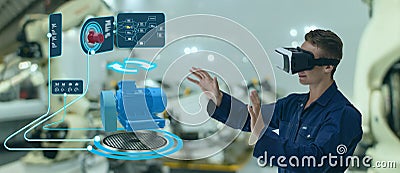 Iot smart technology futuristic in industry 4.0 concept, engineer use augmented mixed virtual reality to education and training, r Stock Photo