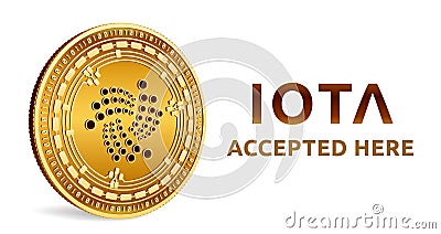 Iota. Accepted sign emblem. Crypto currency. Golden coin with Iota symbol isolated on white background. 3D isometric Physical coin Cartoon Illustration