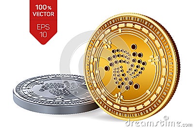 Iota. Crypto currency. 3D isometric Physical coins. Digital currency. Golden and silver coins with Iota symbol isolated on white b Cartoon Illustration